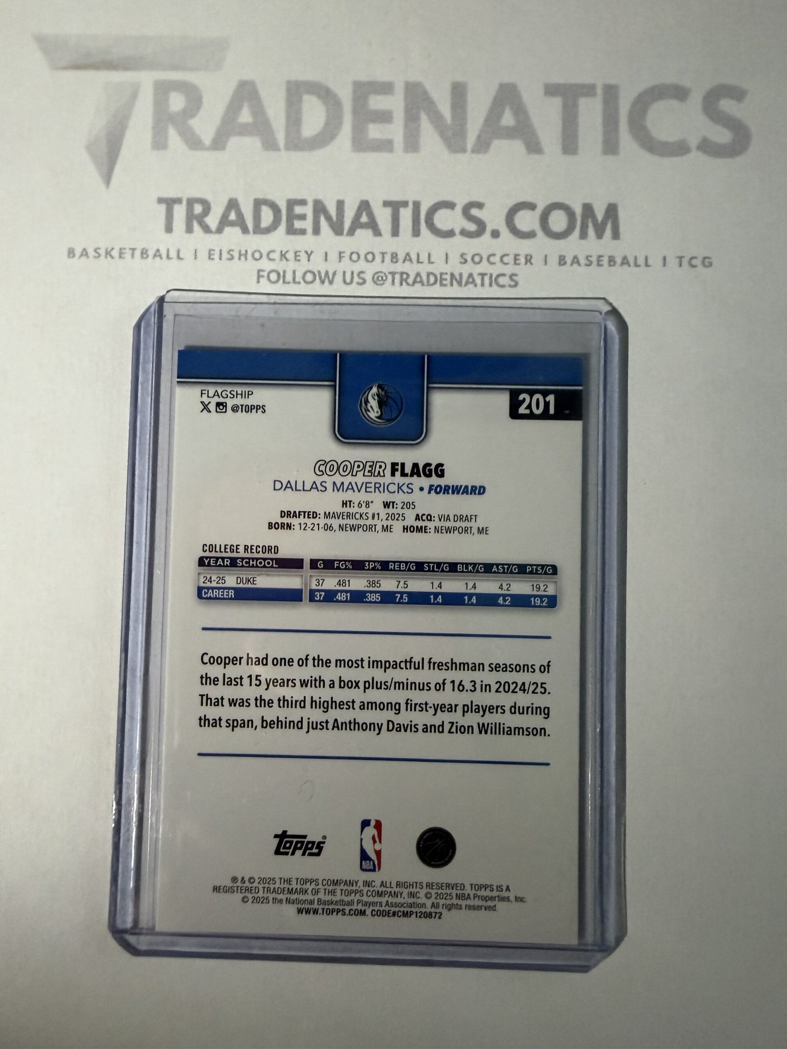 Cooper Flagg Topps Basketball Base Rookie Card RC 201 Dallas Mavericks NBA MVP