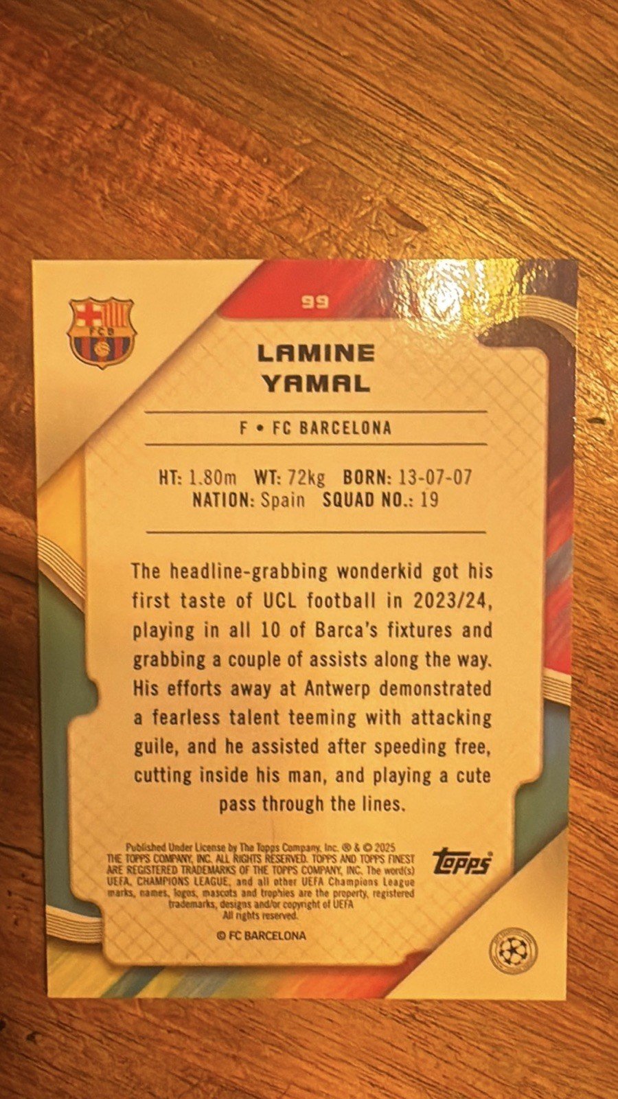 Lamine Yamal Topps Finest UCL 2024/25 FC Barcelona Rookie RC 087/125 RARE - Image 2