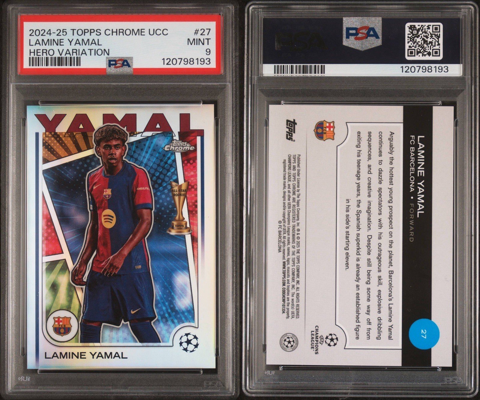 2024-25 TOPPS Chrome UCC - Lamine Yamal Hero Variation 27 RARE SP PSA 9 - Image 3