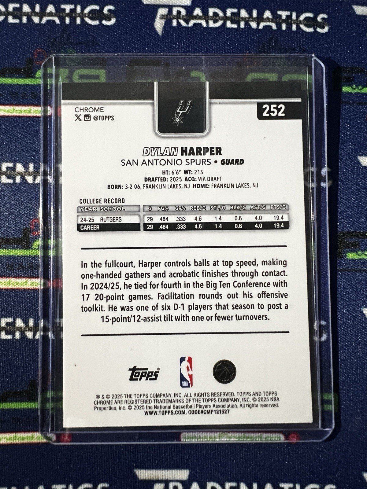 2025-26 Topps Chrome Basketball Dylan Harper RC Rookie #252 - Image 2