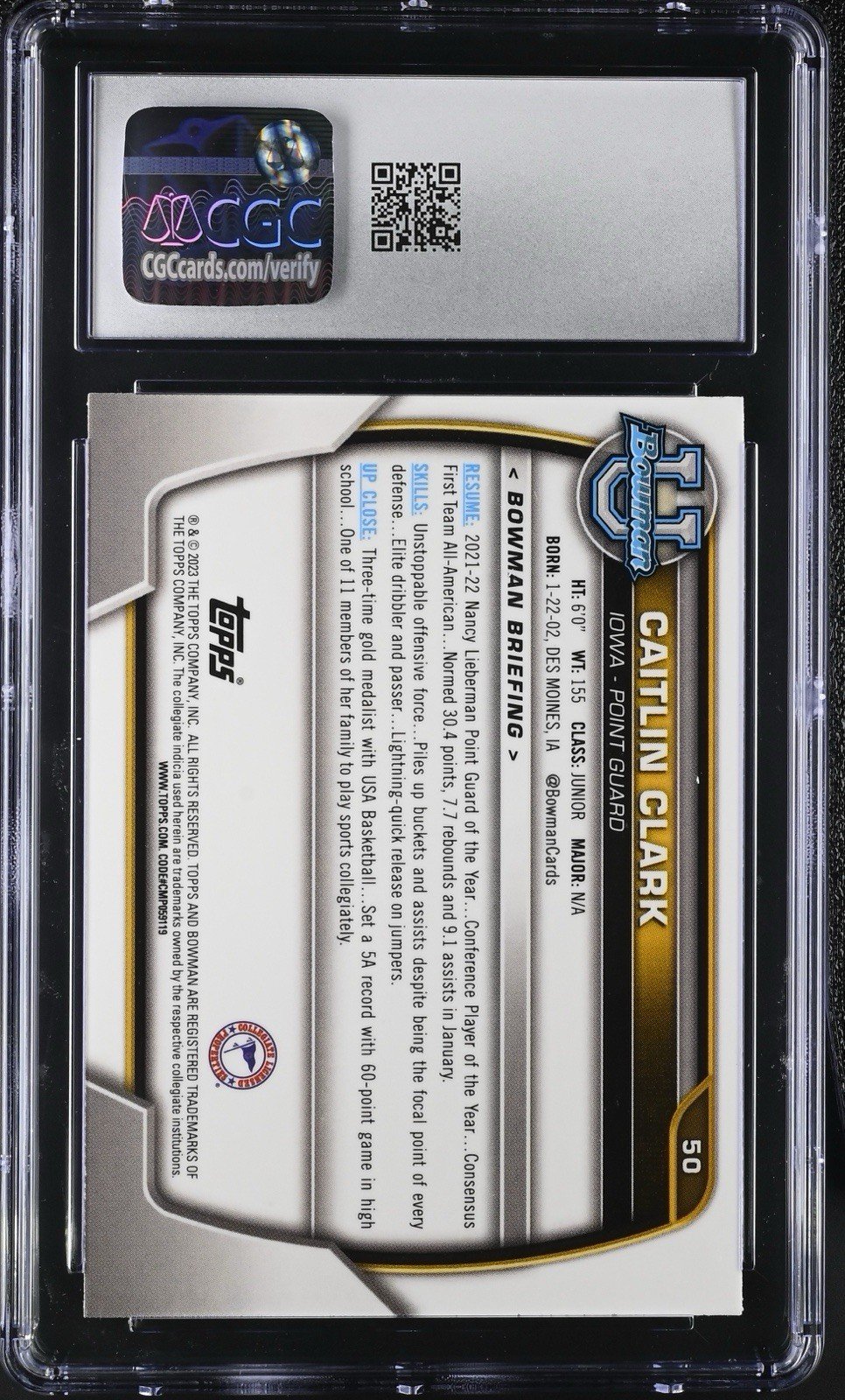 Caitlin Clark 2022-23 Bowman University Chrome #50 RC Rookie PSA CGC 9 - Image 2