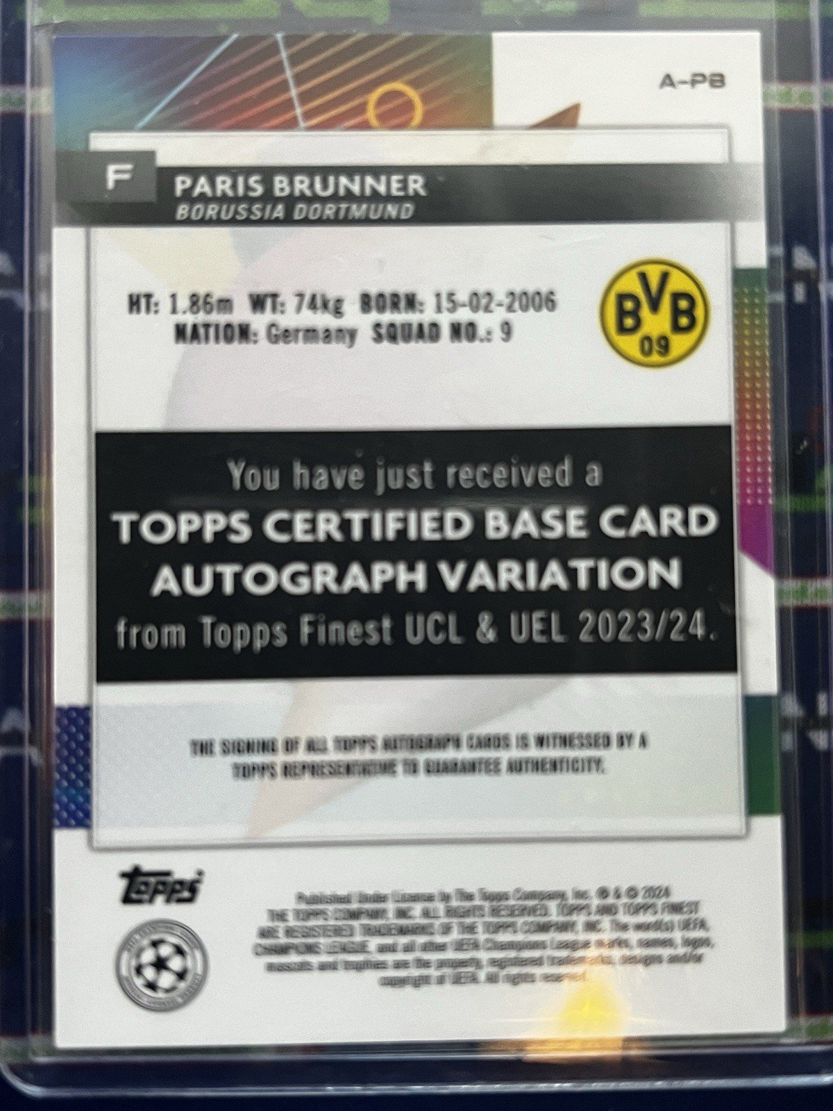2023-24 Topps Chrome UEFA Paris Brunner Borussia Dortmund Auto Green /99 - Image 2